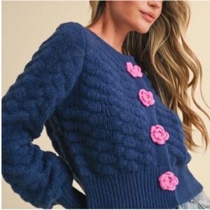 Elegant Blue Cardigan with Pink Floral Details